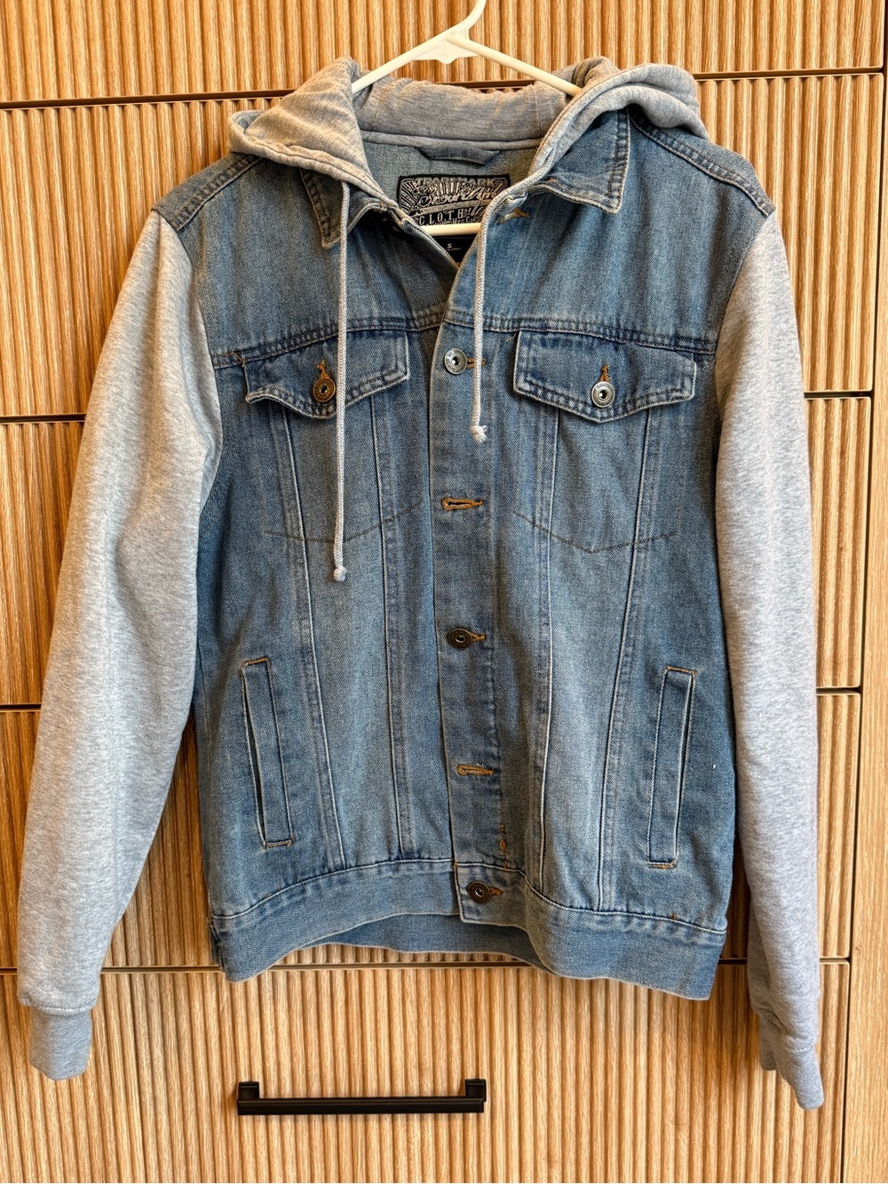 Denim Hooded Jacket with Gray Knit Sleeves - Casual Layered Look